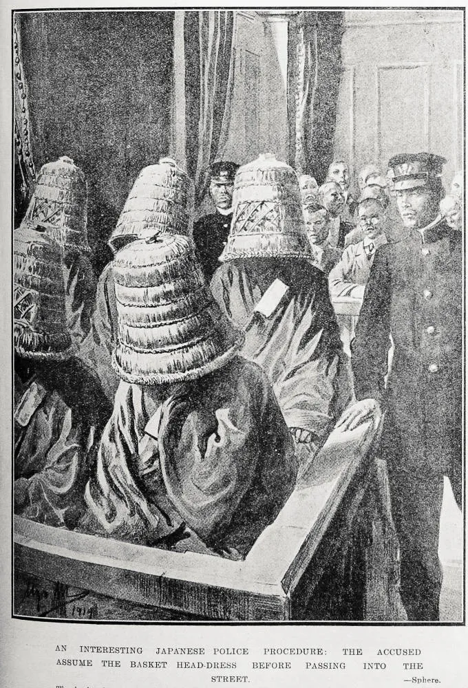 An interesting Japanese police procedure: the accused assume the head-dress before passing into the street