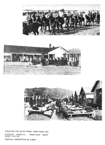 Image: Mounted Rifles on Trek, Trentham, 1915 — Cottage Hospital—Trentham Camp Band Playing — Medical Inspection of Lines