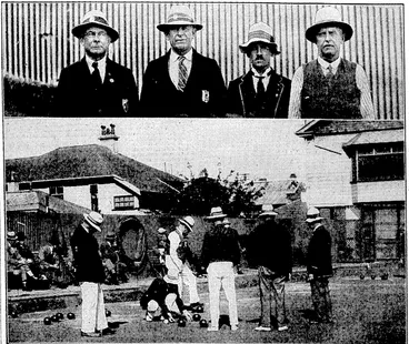 Image: Evening Post" Photo. FINAL OF THE PUBLIC SERVICE BOWLING TOURNEY.—At top, the Post and • Telegraph Department's team,-ioinners-of the I Public-Service rinks tournament; from left, S.. Potter (skip), C. Nicholls, P. H. Mason, and W. J. Leahy.' Below, a measure on the Thorndon-bowling green during the'final,'in which the -Legislative Heam, skipped by.J. Portcous,.was defeated. (Evening Post, 17 February 1933)