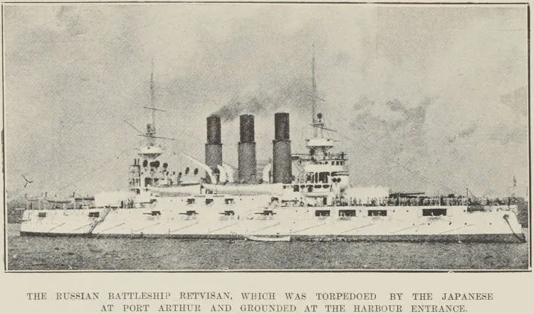 The Russian battleship Retvisan, which was torpedoed by the Japanese at Port Arthur and grounded at the harbour entrance
