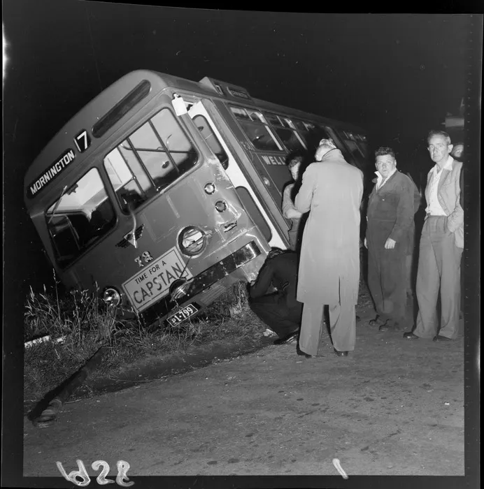 Bus accident, with a Mornington bus over a bank at Houghton Bay, Wellington