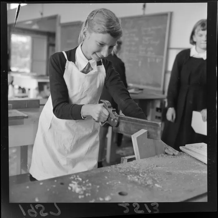 Girls in woodworking class, South Wellington Intermediate School
