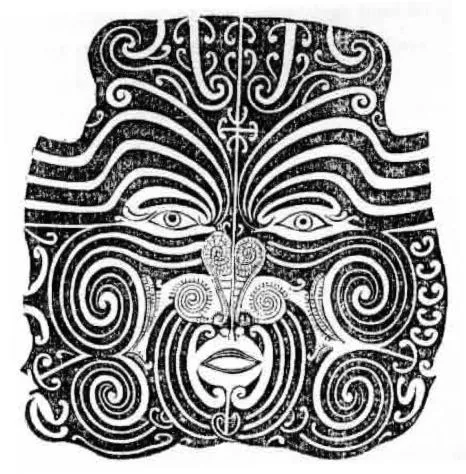A black and white image of a moko map drawn by Te Pehi Kupe of his facial moko