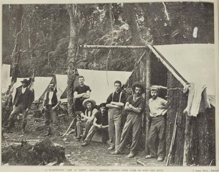A bushfellers' camp at Paritu, Mahia, Gisborne - second prize farm of bush life scene
