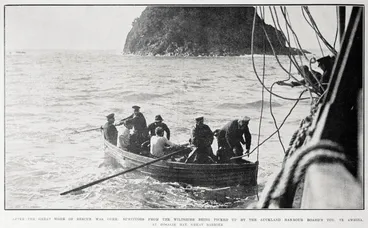 Image: After the great work of rescue was over: survivors from the Wiltshire being picked up by the Auckland Harbour Board's tug, Te Awhina, at Rosalie Bay, Great Barrier