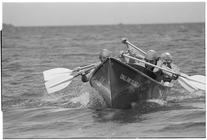 Lyall Bay Surf Life Saving Club's senior crew performing in surf life boat