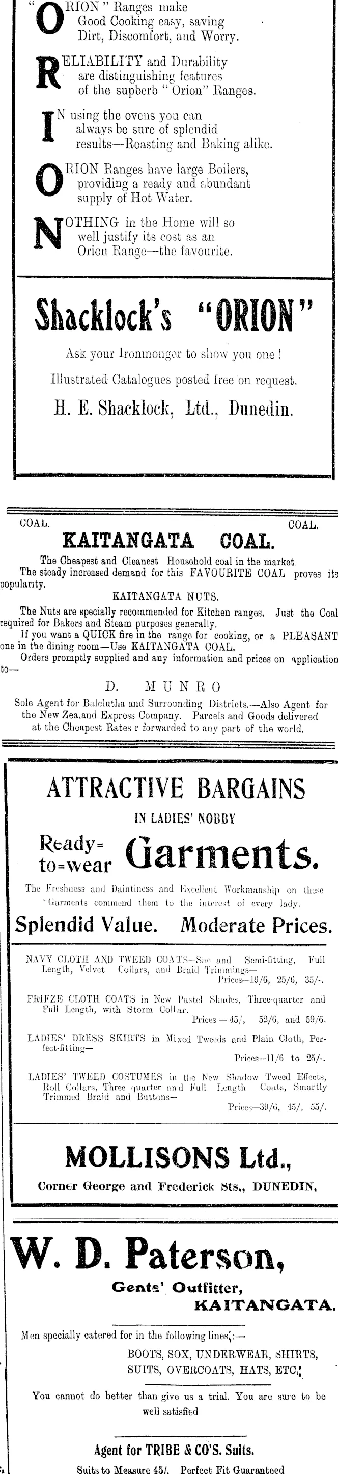 Page 1 Advertisements Column 2 (Clutha Leader 7-6-1910)