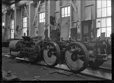 Image: Frame and wheels for the front engine unit of 'Pearson's Dream', E class steam locomotive number 66, at the Petone Railway Workshops