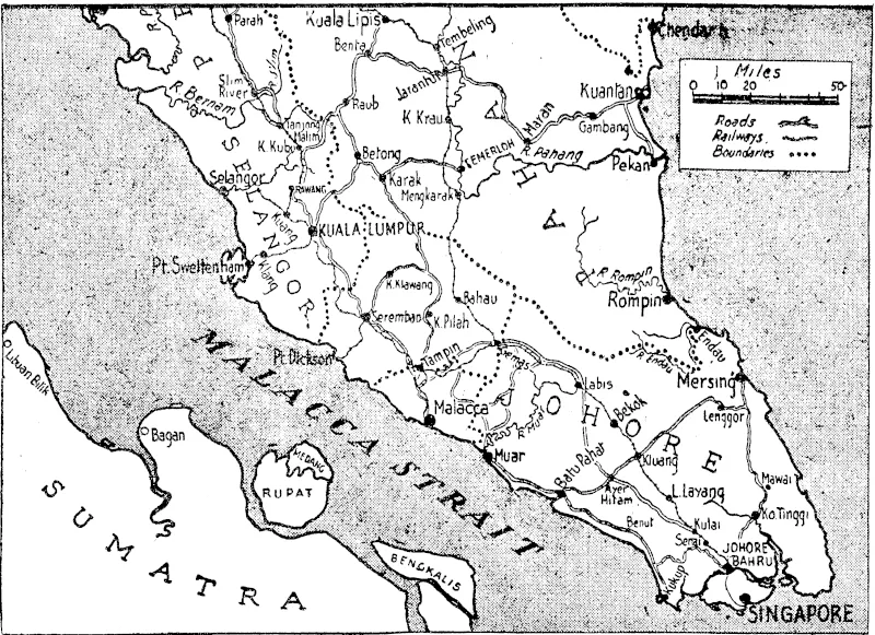 Map of Malaya, ivhere the Australians are making a fine stand against the Japanese. The latter claim that Japanese forces have tightened a ring round 20,000 Australian troops in central Johore. (Evening Post, 21 January 1942)
