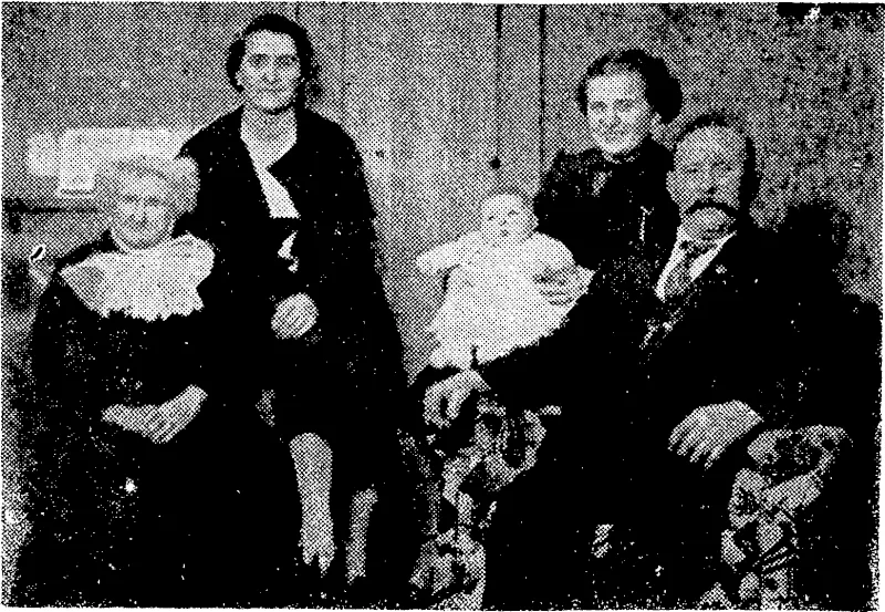 Five generations— the late Mrs. Eliza Greer, who died this week at the age of 94 years, and four of the 119 descendants she has left. From left, Mrs. Greer, Mrs. A. Porter (grandchild), Marlene Morris (great-great-grandchild), Mrs. Joyce Morris (great-grandchild), and Mr. Harry Greer (son). (Evening Post, 20 July 1940)