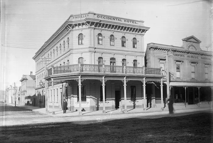 Corner of Lambton Quay and Johnston Street, Wellington, with the Occidental Hotel