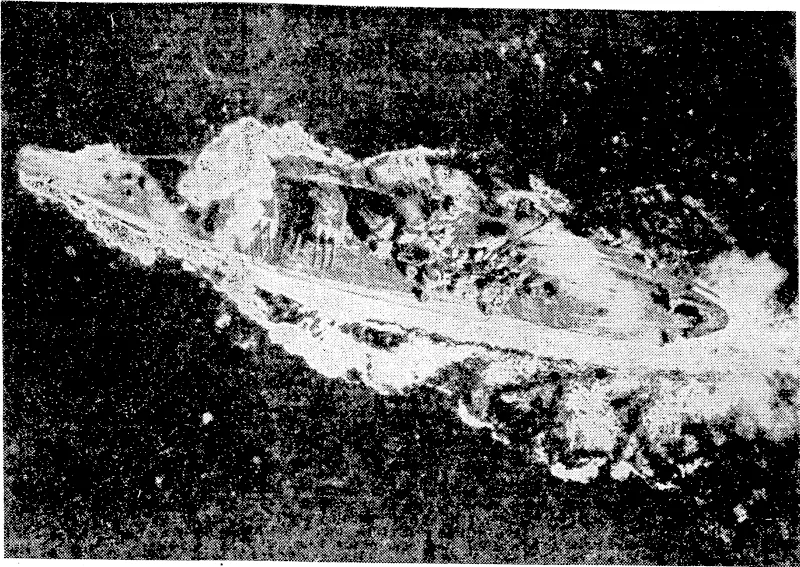 The Japanese battleship Yamato shudders under two direct bomb hits from a Curtiss Helldiver of the United States Pacific Fleet's fast carrier force. The Yamato ivas fleeing from Admiral Halsey's Third Fleet through Tablas Straits, in the Western Philippines, when caught by the bombers (Evening Post, 23 November 1944)