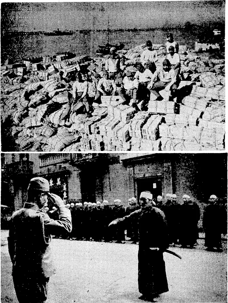 Top, members of a Japanese land ing party posing^qn top of a mountain of boxes and sacks of provisions at Wuchang. Beloiv, the leader of the Co-operative Renovation Corps organised by the Peking Government, wliich is ivorking in unity ivith the Japanese forces'in China, responding to the salutations of a Japanese commandant. A sword of famous make had just been presented to him as a token of leadership and of appreciation by the Japanese Army authorities. , (Evening Post, 13 July 1939)