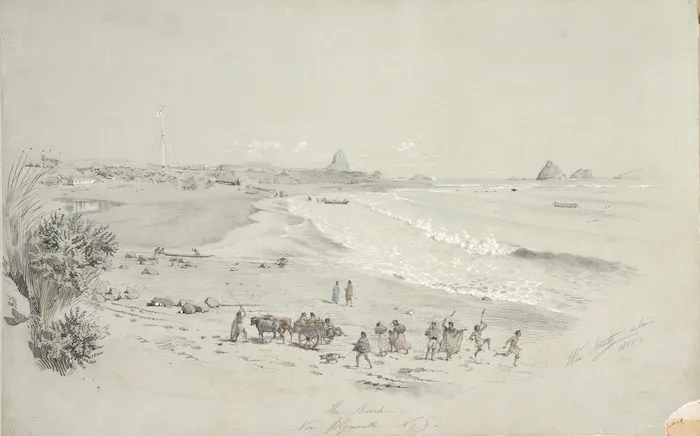 Strutt, William 1825-1915 :The beach, New Plymouth, N. Z. 1855.