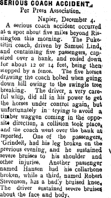 Image: BERIOUS COACH ACCIDENT. (Taranaki Daily News 5-12-1906)