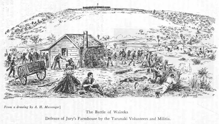 From a drawing by A. H. Messenger] — The Battle of Waireka — Defence of Jury's Farmhouse by the Taranaki Volunteers and Militia