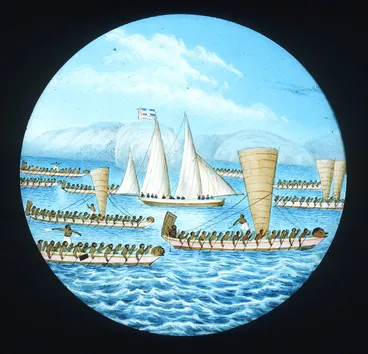 Image: Williams, Henry 1792-1867 :War canoes, New Zealand. / London, W. E. & F. Newton [Between 1852 and 1857]
