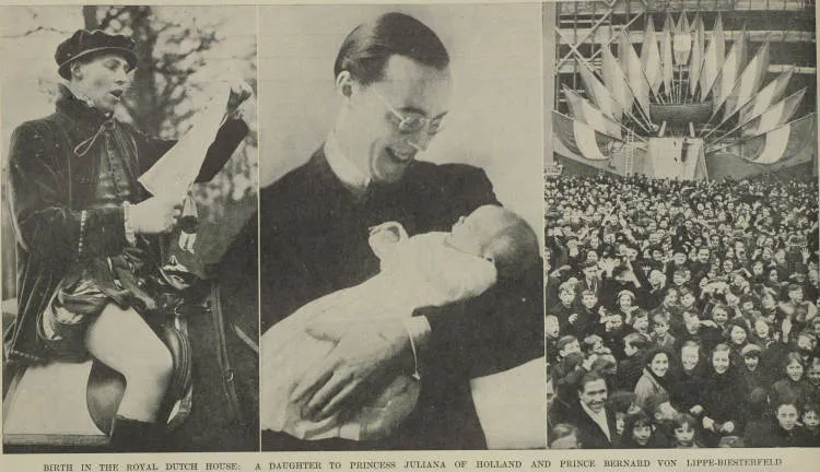 The birth of daughter Beatrix to Princess Juliana and Prince Bernard von Lippe-Biesterfeld announced in Amsterdam