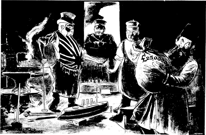THE RUSSO-JAPANESE WAE: A NEW NAVY.  Cable News: The Russian Admiralty has decided to spend £25,000,000 in shipbuilding.  The Little Jap: Don't bother paiinting those ships, Mr Bull, we're going to "Japan" them. (Otago Witness, 19 April 1905)