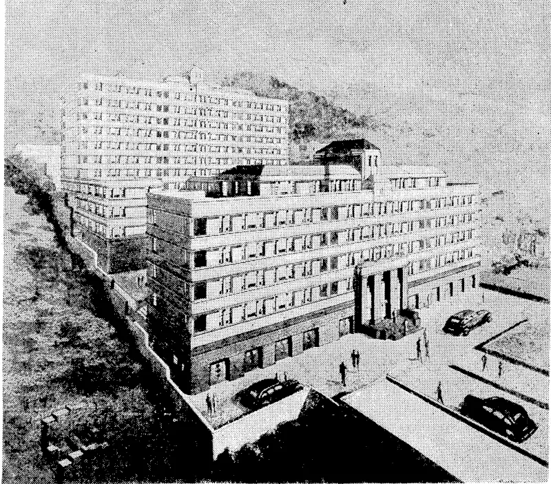 Architect's drawing of a block of flats, to be known as "Wellesley Flats," and to be erected on a large piece of land between The Terrace and San Sebastian Road. 'The architects are Messrs. Walker and Muston and the builders will be the Fletcher Construction Co., Ltd. "Evening Post" Photo. The Auckland representative basketball team, winners of the Dominion championship at the Centennial tournament held this week in Wellington by the New Zealand Basketball Association. They won all their matches. From the right, V. Wyatt, captain, G. McKeown, M. Tangye, M. Everton, H. Hirst, K. Knott, J. Miles, B. Lynds, I. Johns, A. Boughtwood, and W. Stanton. (Evening Post, 28 March 1940)