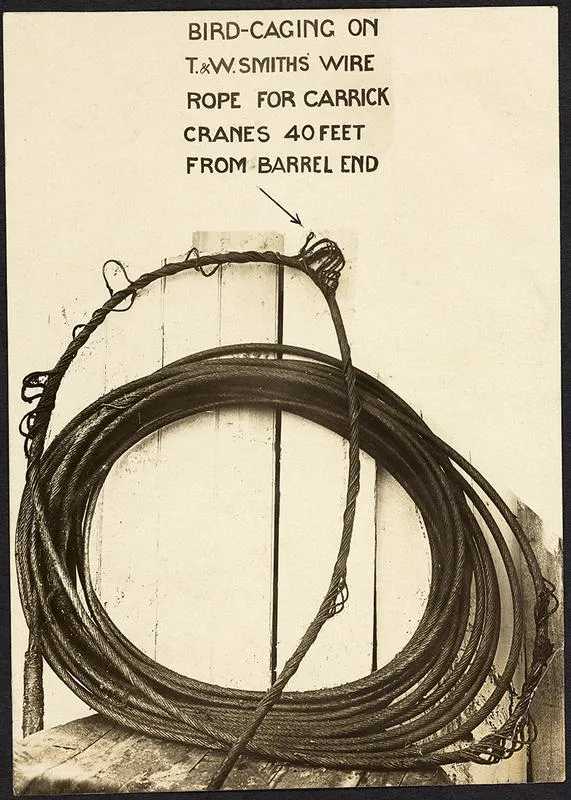 Photograph: Bird-caging on T. & W. Smith's wire rope for Carrick Cranes, 1923.
