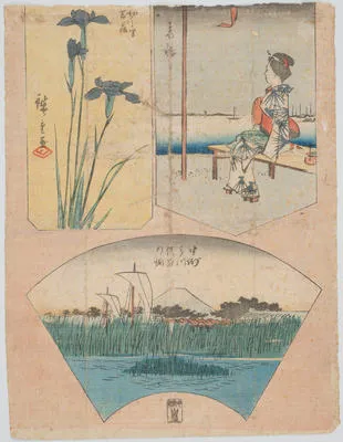 Takanawa; Horikiri no sato, hana shobu; Nakazu (Woman on Bench; Iris; Mount Fuji above Marsh Grass in Fan Shape)