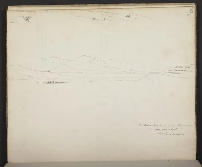 Mantell, Walter Baldock Durrant, 1820-1895 :Mt Domett from kaik above Ruamoa, millions of sandflies. [1852]