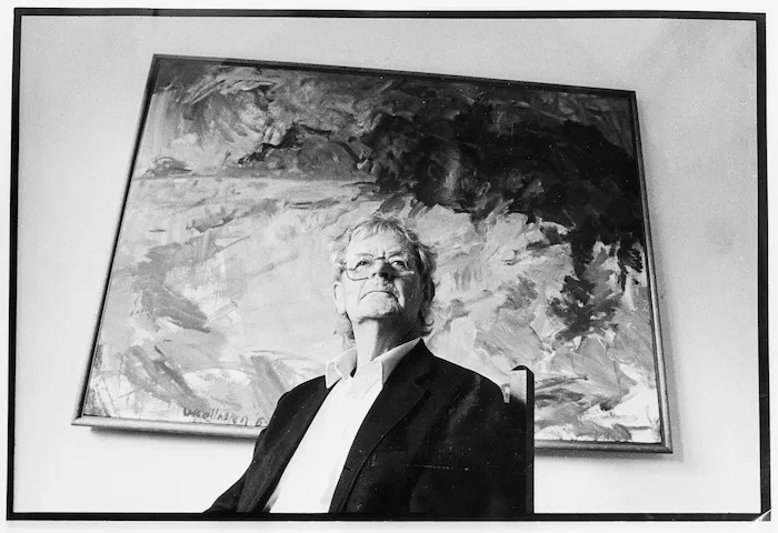 Sir Tosswill Woollaston with his work Landscape Near Santa Fe - Photograph taken by Michael Smith