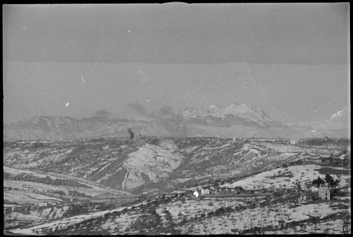 Bombs falling on the town of Orsogna, Italy, World War II - Photograph taken by George Kaye