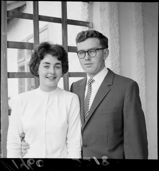 Engagement portrait of John Steele and Jennifer Caselberg within an unknown building location, probably Wellington City