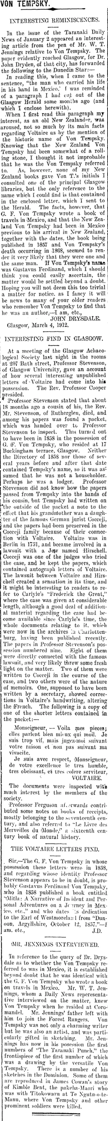 Image: VON TEMPSKY. (Taranaki Daily News 22-4-1912)