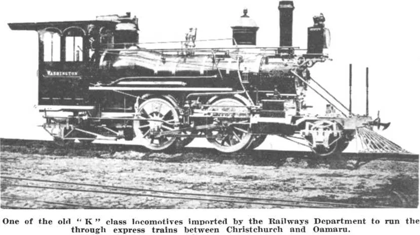One of the old “K” class locomotives imported by the Railways Department to run the through express trains between Christchurch and Oamaru