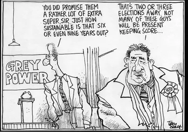 Image: "You did promise them rather a lot of extra super, Sir. Just how sustainable is that six or even nine years out?" "That's two or three elections away. Not many of these guys will be present keeping score." 17 April, 2005.