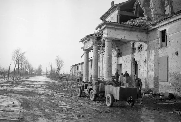 The front of a casa occupied by New Zealand infantrymen on the Via Emilia, Faenza, Italy.