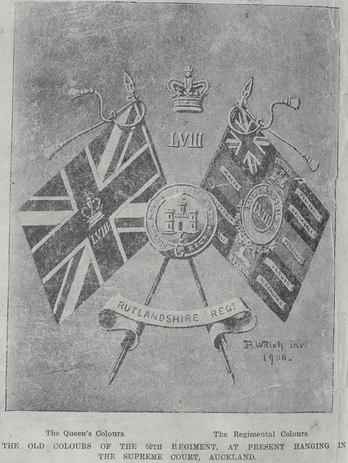 The old colours of the 58th Regiment, at present hanging in the Supreme Court, Auckland