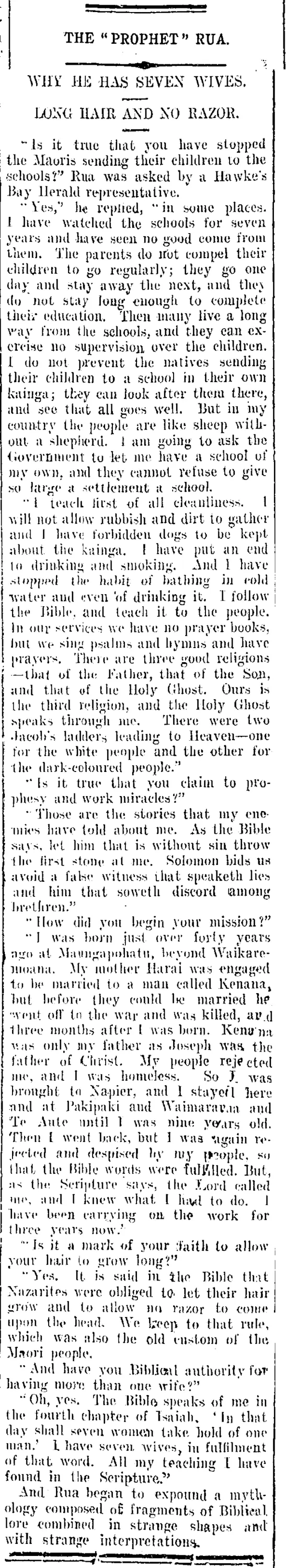 THE "PROPHET" RUA. (Taranaki Daily News 18-6-1908)