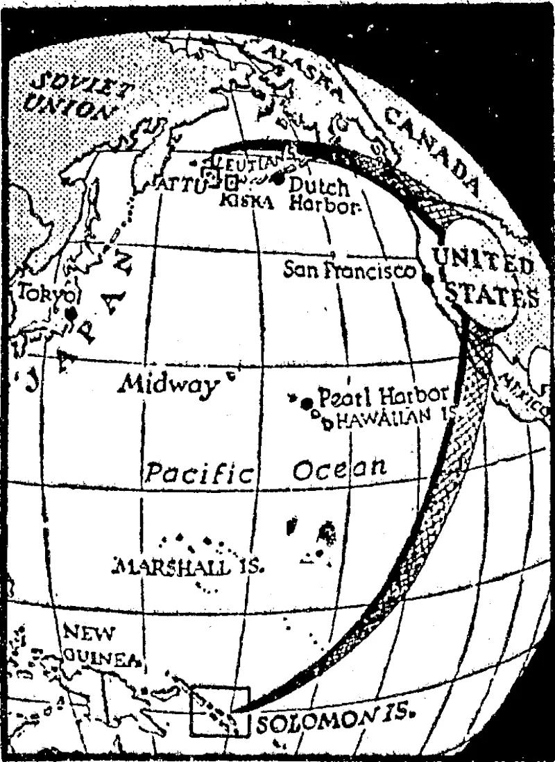 This map of the Pacific shows the "pincers" strength of the United States from the Aleutian Islands in the north to the Solomons in the south, with Japan as the ultimate objective. (Evening Post, 16 April 1943)