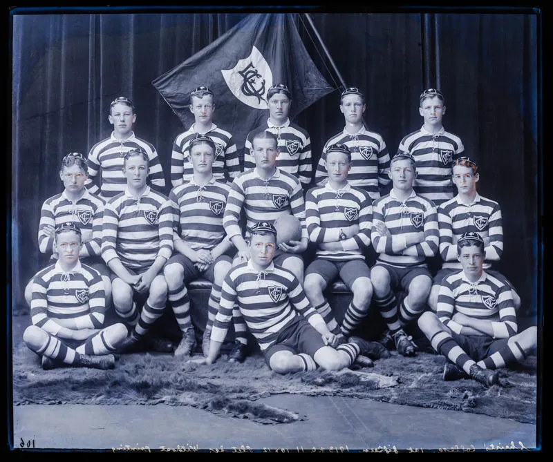 Glass Plate Negative: Christ's College, First Fifteen Rugby Team, 1913