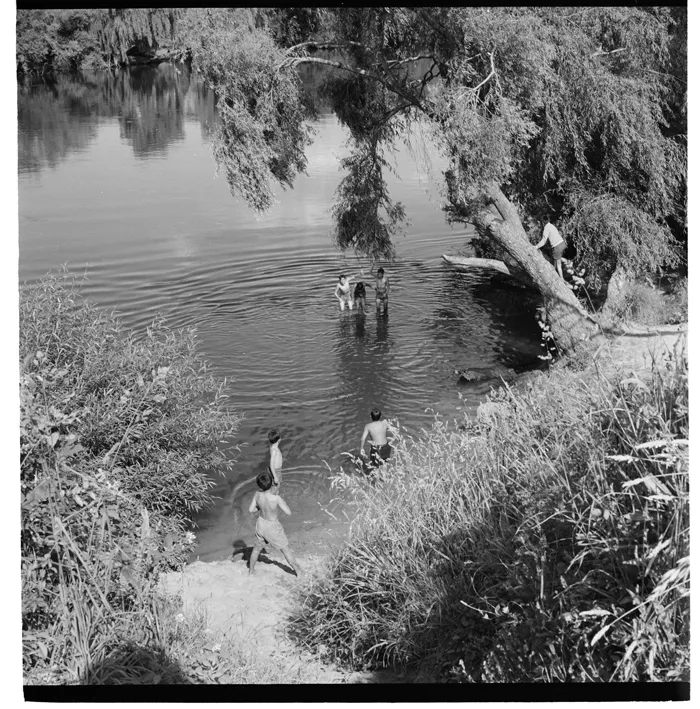 Waikato River at Ngaruawahia; member of Waikato band and girlfriend, Maori Festival of the Arts
