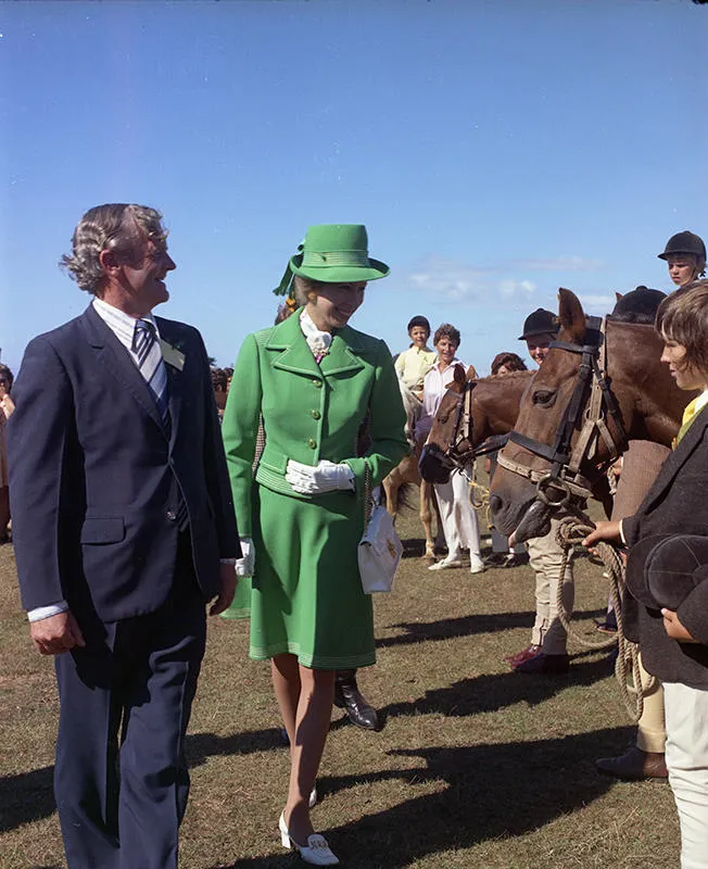 Princess Anne greeting equestrian riders, New Plymouth