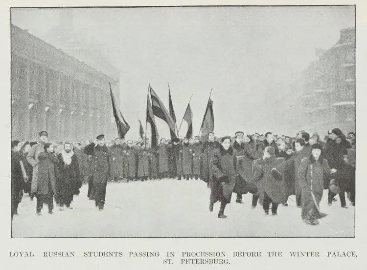 Loyal Russian students passing in procession before the Winter Palace, St. Petersburg