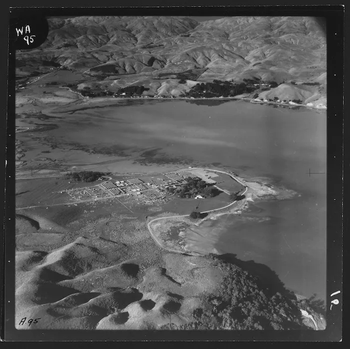 Aerial view of the transit camp at Pahautanui, Porirua, New Zealand