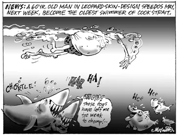 Image: NEWS; A 60 yr old man in leopard skin-design speedos may, next week, become the oldest swimmer of Cook Strait. 3 February 2010