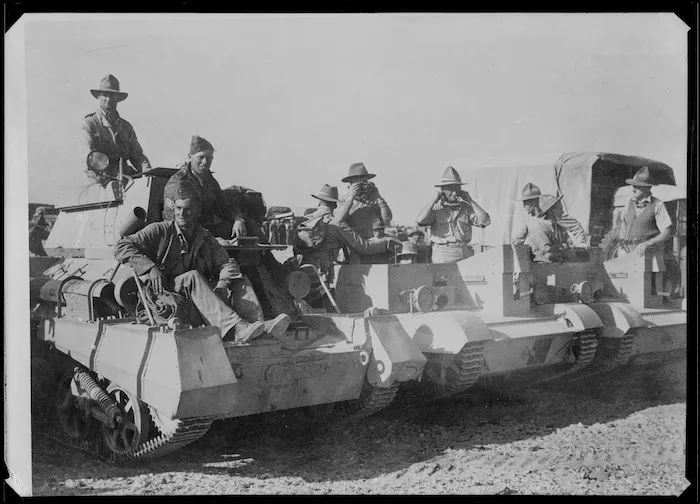 Mechanized section arriving to take part in Anzac Day service, El Saff, Egypt