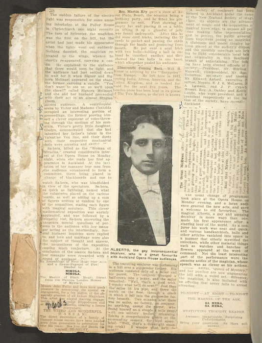 [Scrapbook page] Alberto, the gay inconsequential deceiver, who is a great favourite with Auckland Opera House audiences; Nikola, Sa Hera [1920-1922]