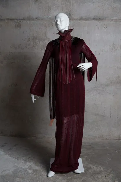 Full-length knit dress with leather tassles