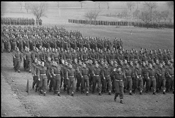 Close up of men marching past General Freyberg at NZ Army Service Corps church parade, Italy, World War II - Photograph taken by George Kaye