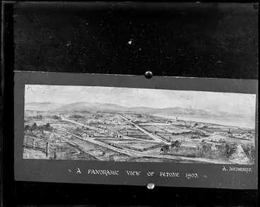 Image: Landscape drawing by A Medhurst, titled 'A panoramic view of Petone 1903', as view from the Hutt Road looking east to Petone Beach with roads, buildings and farms foreground, to Wainuiomata Hills and Eastbourne beyond, Wellington