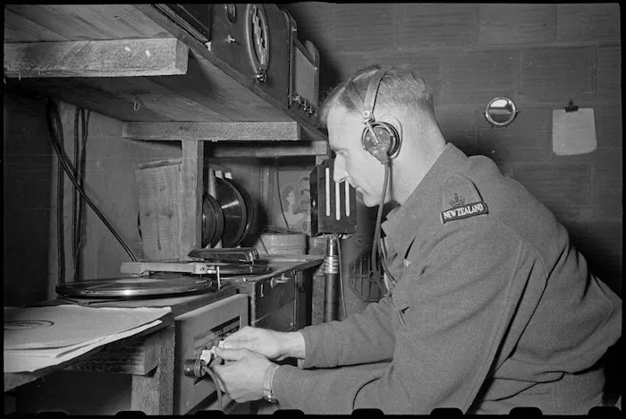 Major M R Fitchett makes an announcement on loud speaker system at the 2 NZ General Hospital, Caserta, Italy, World War II - Photograph taken by George Bull
