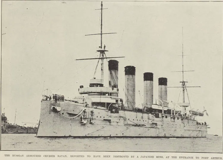 The Russian armoured cruiser Bayan, reported to have been destroyed by a Japanese mine, at the entrance to Port Arthur